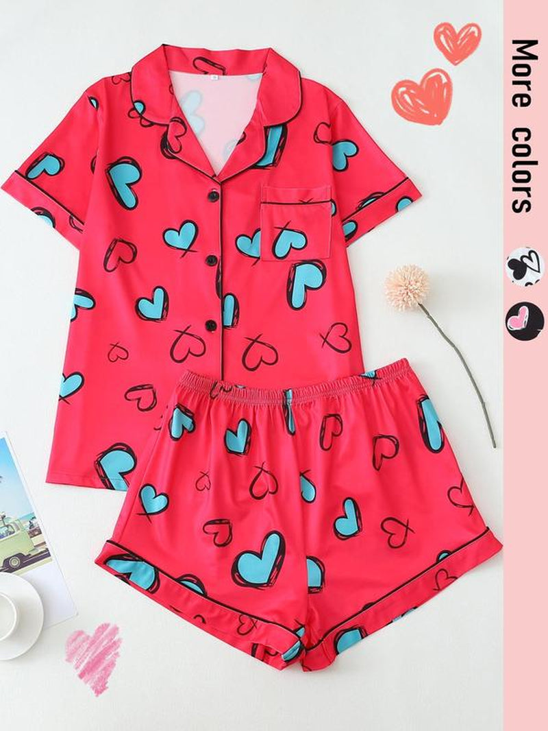 Two-Piece Set Women'S Heart Print Short Sleeve Tee & Shorts Pyjama, Casual Comfy Lapel Neck T-Shirt & Shorts Pj Set, Ladies Sleepwear for All Seasons