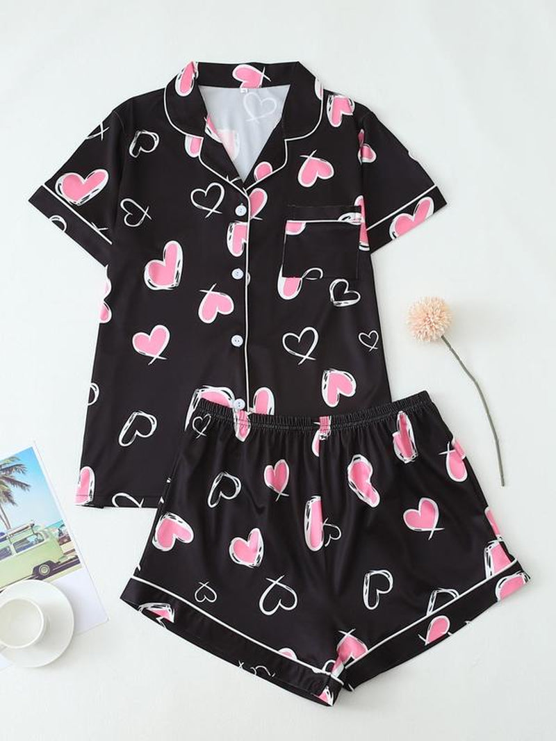 Two-Piece Set Women'S Heart Print Short Sleeve Tee & Shorts Pyjama, Casual Comfy Lapel Neck T-Shirt & Shorts Pj Set, Ladies Sleepwear for All Seasons