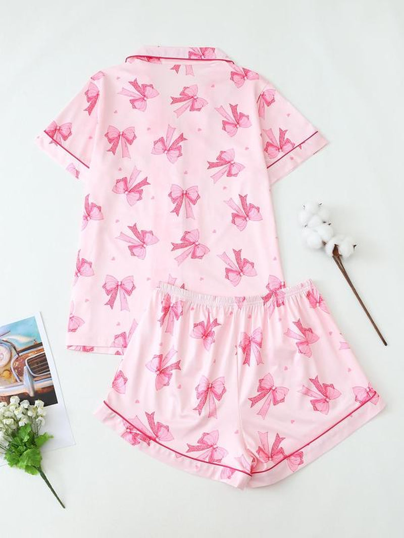 Two-Piece Set Women'S Heart Print Short Sleeve Tee & Shorts Pyjama, Casual Comfy Lapel Neck T-Shirt & Shorts Pj Set, Ladies Sleepwear for All Seasons