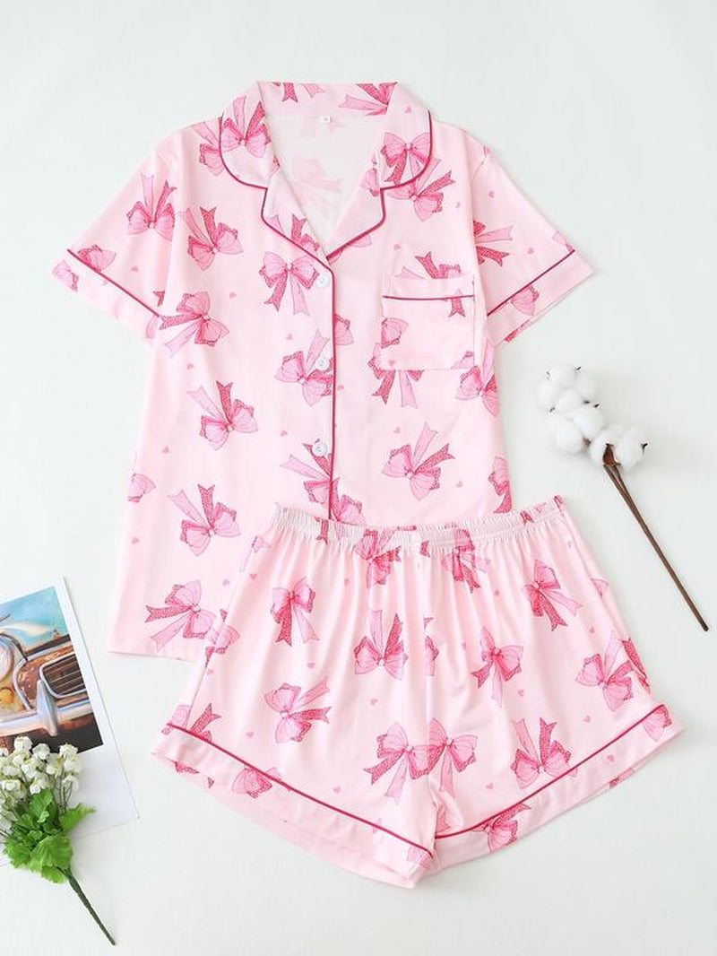 Two-Piece Set Women'S Heart Print Short Sleeve Tee & Shorts Pyjama, Casual Comfy Lapel Neck T-Shirt & Shorts Pj Set, Ladies Sleepwear for All Seasons