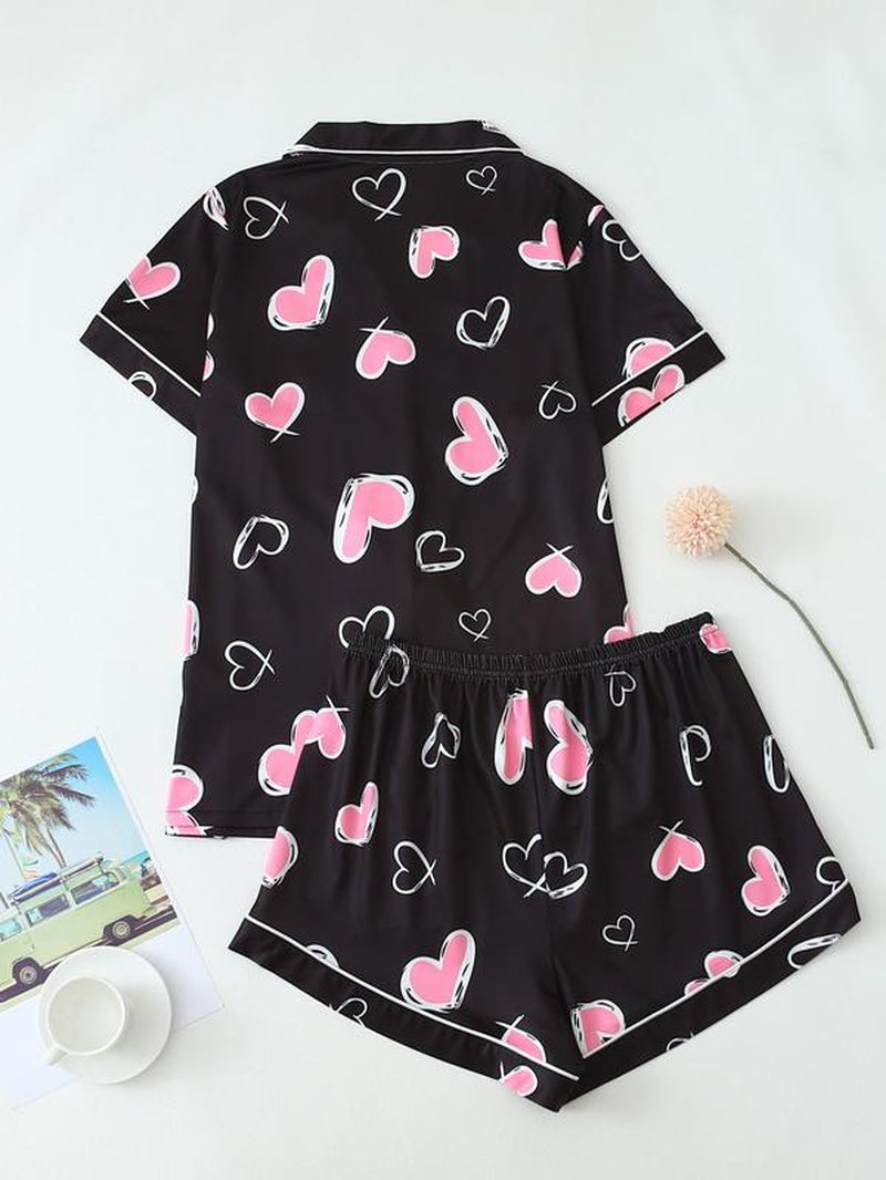 Two-Piece Set Women'S Heart Print Short Sleeve Tee & Shorts Pyjama, Casual Comfy Lapel Neck T-Shirt & Shorts Pj Set, Ladies Sleepwear for All Seasons